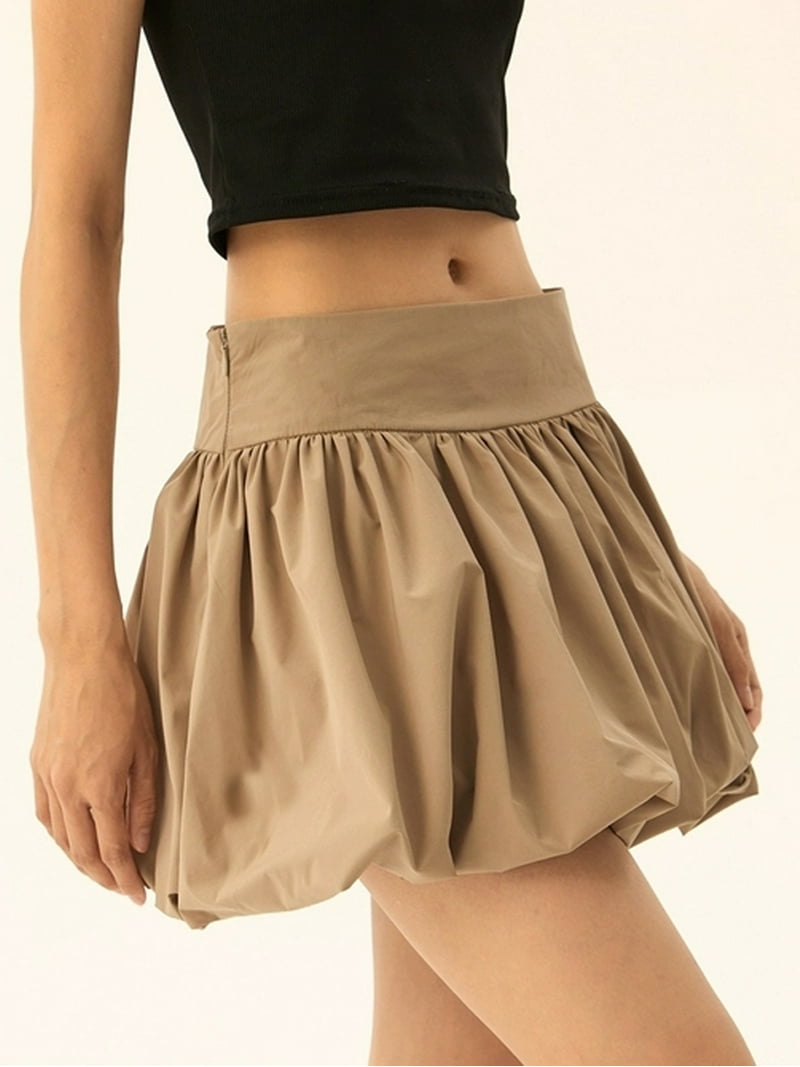Komoo Women Bubble Mini Skirt Elastic Waist Ruffle Hem Puffy Skirt