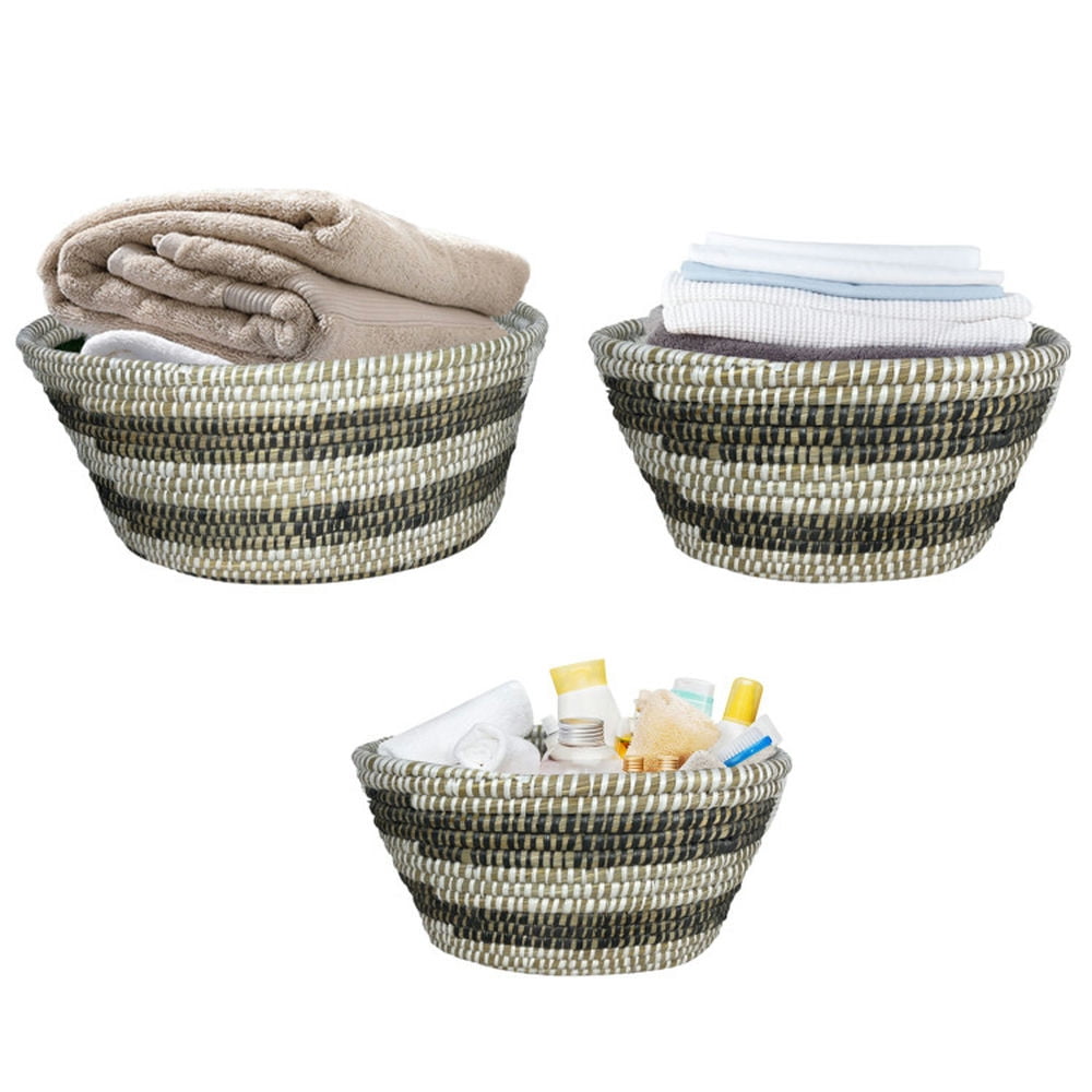 Finihen Laundry Hamper, Laundry Basket, Natural Canes Grass Baskets Stackable Storage Bins Set of 3 with Hollowed Handles, for Bathroom, Laundry Room, White & Black Finihen Laundry Hamper, Laundry Basket, Natural Canes Grass Baskets Stackable Storage Bins Set of 3 with Hollowed Handles, for Bathroom, Laundry Room, White & Black