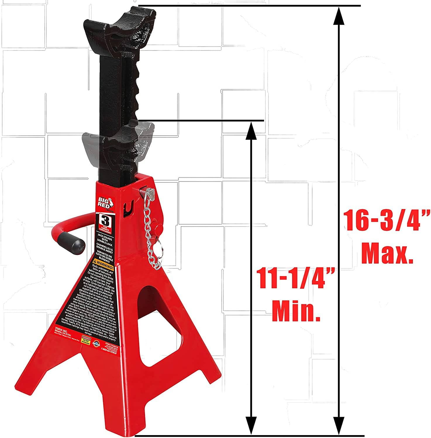 BIG RED Steel Jack Stands: Double Locking, 3 Ton (6,000 lb) Capacity, Red, 1 Pair，DMT43002A