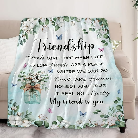 Best Friend Blanket Soft Flannel All Season Gift with Floral & Butterfly Friendship Quotes Lettered "Friendship" Design Women Birthday or Housewarming Present for Soul Sister BFF Gift Idea
