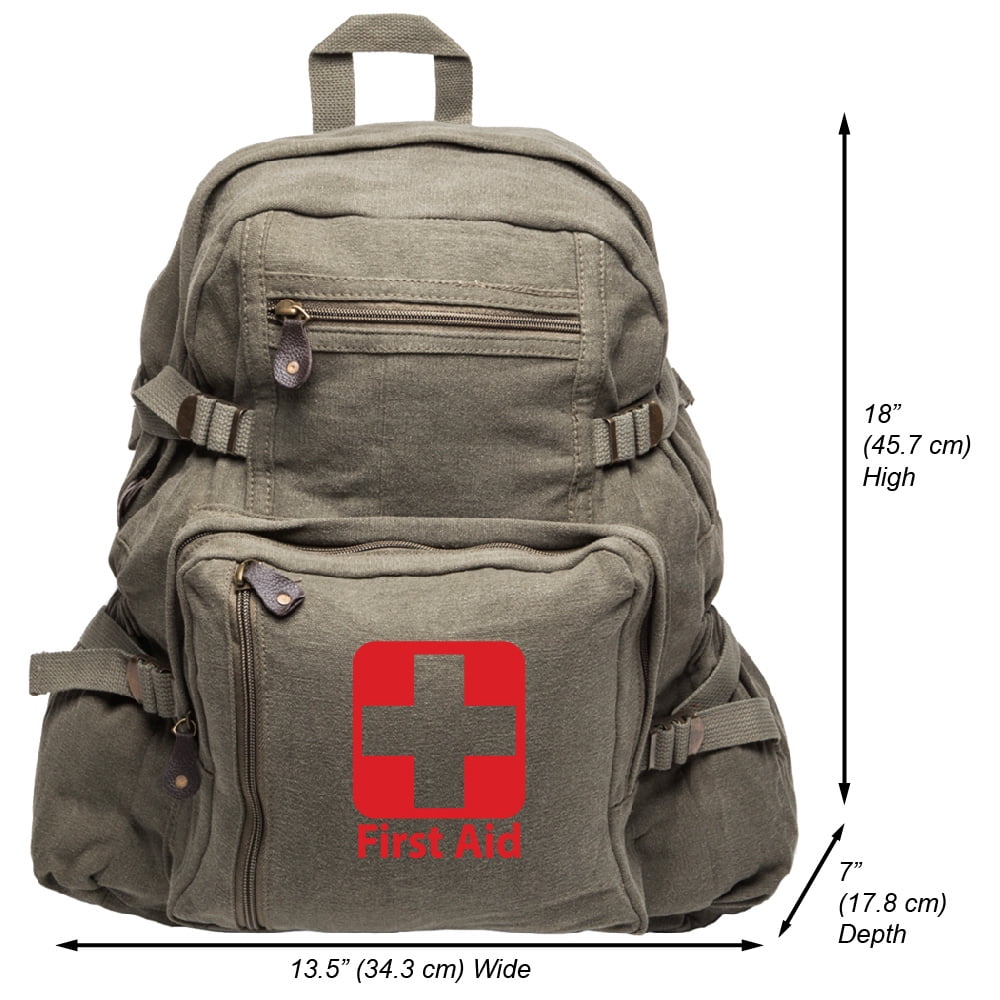 First Aid Army Sport Heavyweight Cotton Canvas Backpack Bag Olive & Red, Large