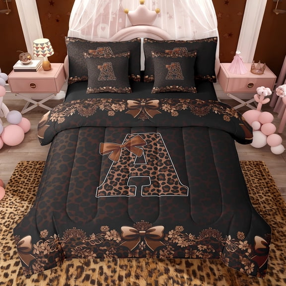 Erosebridal Brown Leopard Print Twin Bedding Sets for Girls Women, Monogrammed A Bedding Comforter Set, Black Reversible 7pcs
