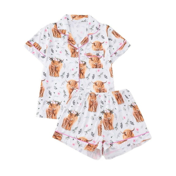Bibifish Womens Pajama Sets Cow Printed Short Sleeve Sleepwear Sets Button Down Top With Shorts Cute 2 Piece Summer Cute Nightwear Sets