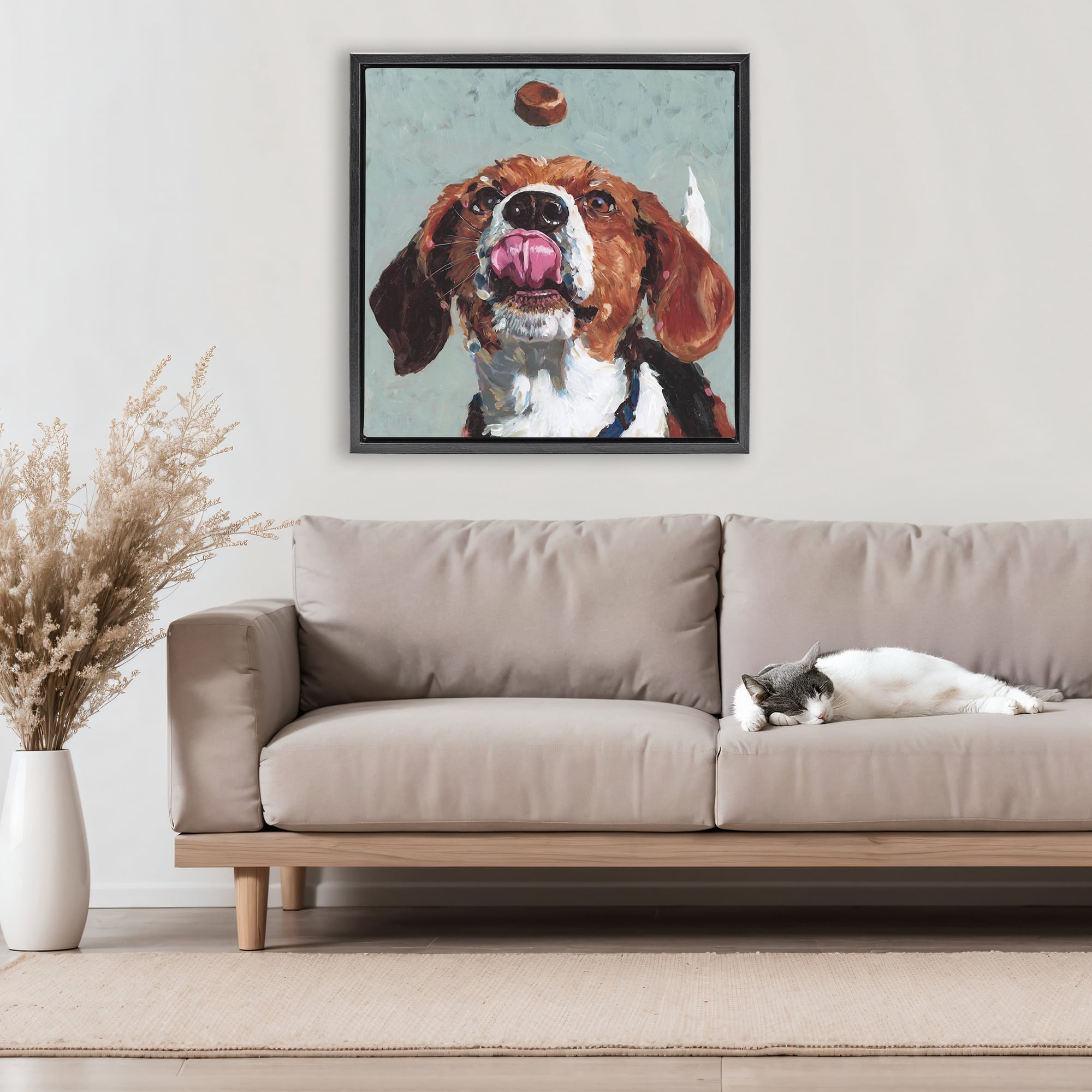 Stupell Industries Beagle Treat Excitement Black Framed Floater Canvas Wall Art, design by Studio Bautista
