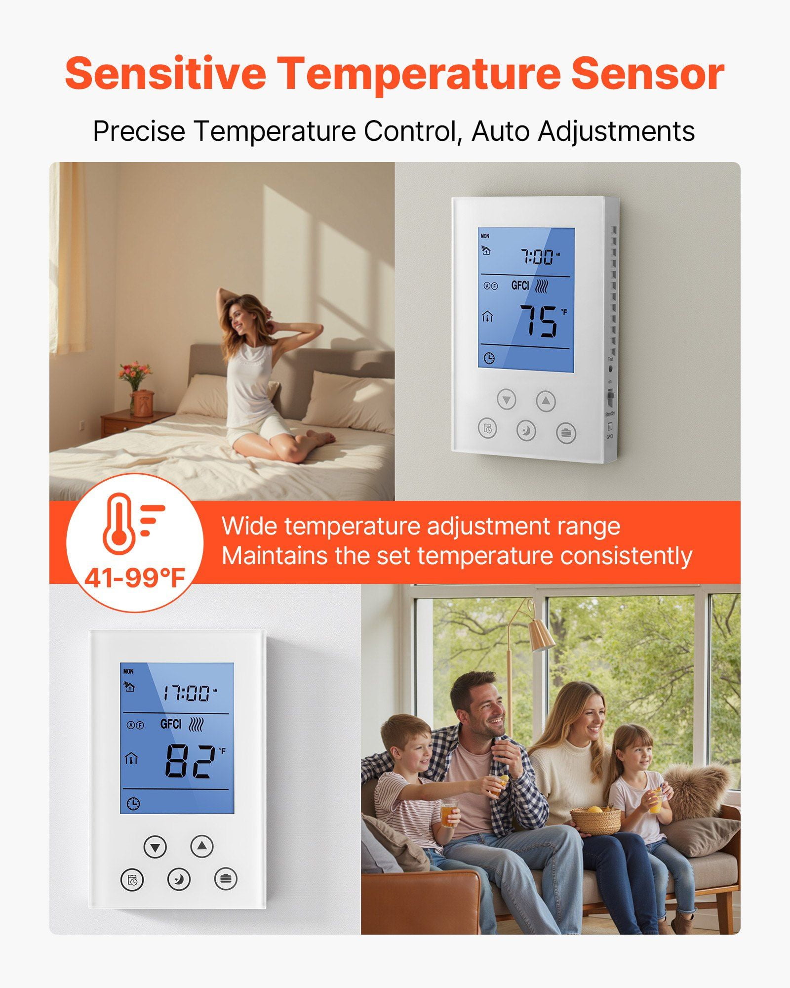 7 Day Programmable Thermostat for Underfloor Heating and Heat Pump, Digital Wall Thermostat with Backlit Display, Temperature Sensor, Energy-Saving Scheduling, White, 120V/240V Compatible