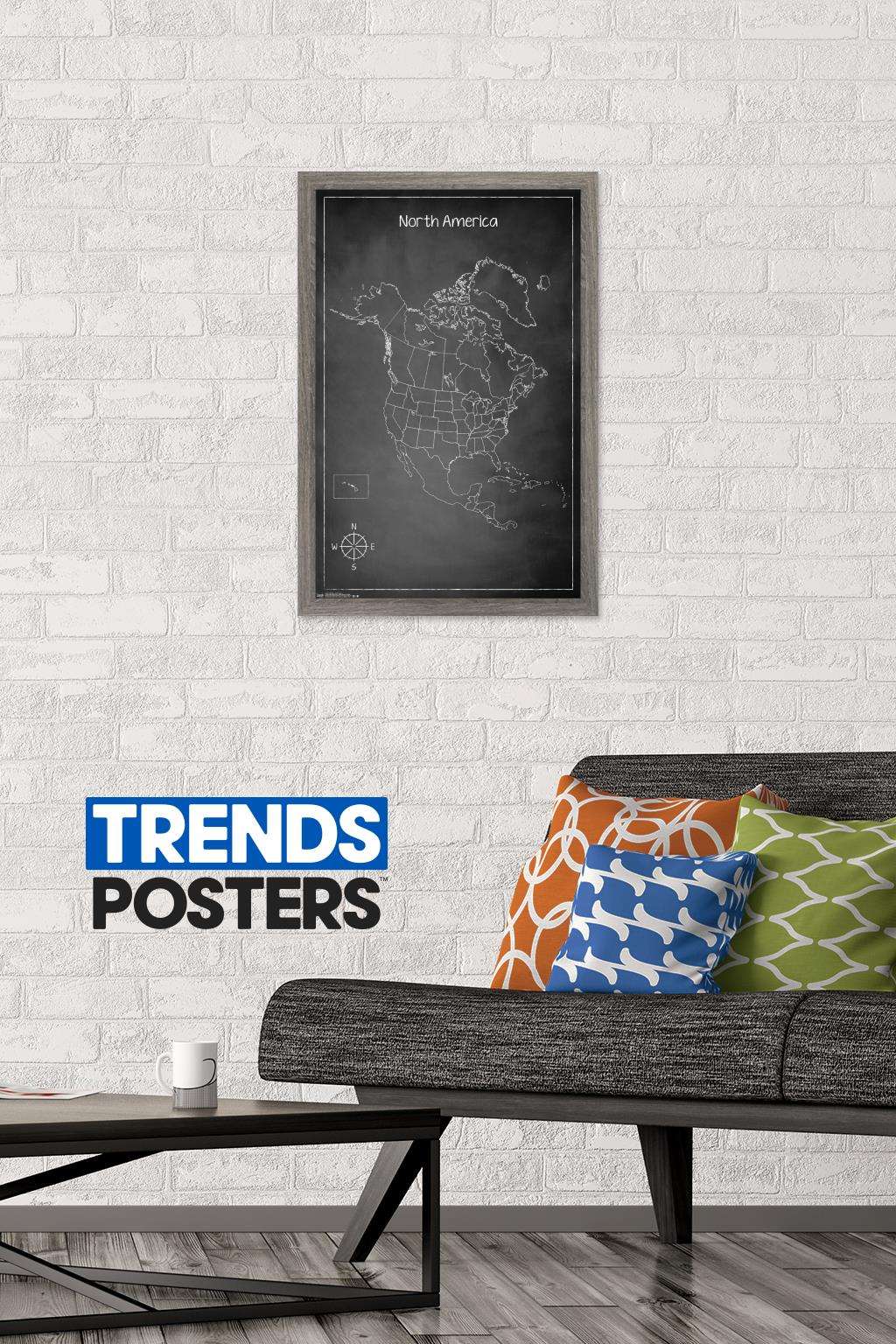 Chalk Map - North America Wall Poster, 14.725" x 22.375", Framed