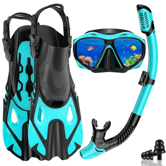 Daretodo Snorkeling Gear for Adults, Mask Fin Snorkel Set, Dry Top Snorkel Mask, Panoramic View Anti-Leak Anti-Fog 3 in 1 Snorkeling Kit-Green