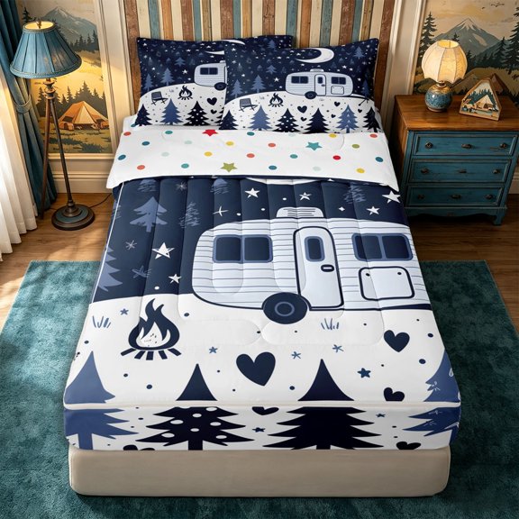Manfei Adventure Cartoon Car Zipper Twin Comforter Sets with Fitted Sheet and 2 Pillowcases,Happy Camping Zipper Bedding Set,Black Blue White,Reversible