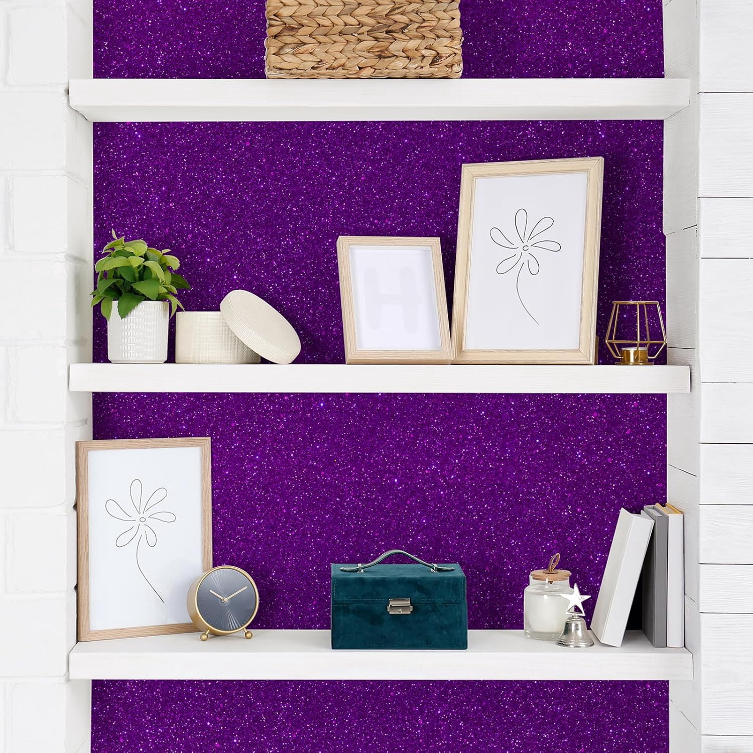 15.7''x236'' Dark Purple Glitter Contact Paper Peel and Stick for Bedroom Walls Self Adhesive Sparkle Glitter Wallpaper Decorative Removable Purple Wallpaper Fabric Roll for Cabinet Shelf Liner