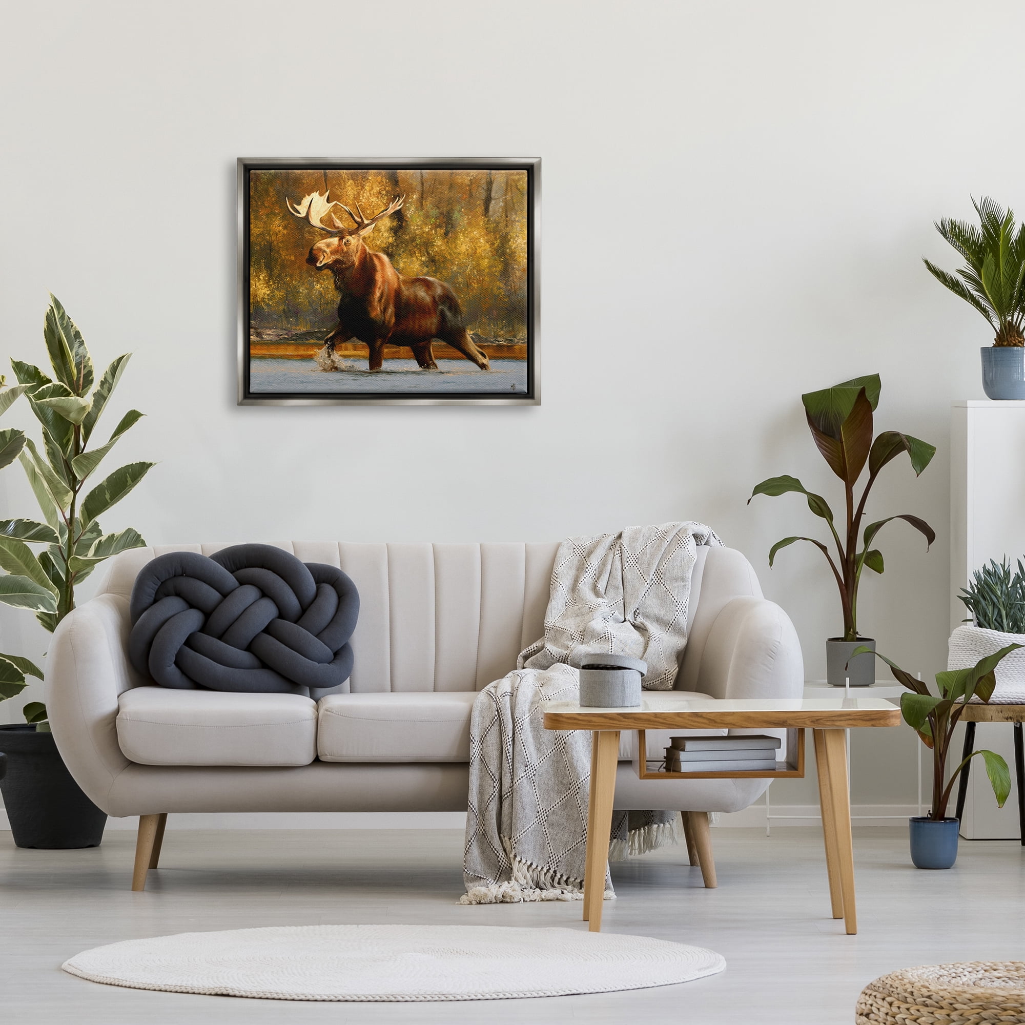 Stupell Industries Moose Stepping River Foliage Animals & Insects Photography Gray Floater Framed Art Print Wall Art, 31 x 25