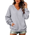 thumbnail image 3 of VV AVEORS Womens V Neck Sweatshirt With Pockets Hoodless Hoodies Fleece Pullover Dressy Casual Loose Fit Long Sleeve Tops Gray XL, 3 of 9