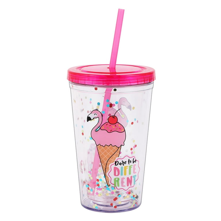 Home Tune Cute Tumbler with Lid and Straw Double Wall Insulated Acrylic Cup  for Girls Women Kids, 18oz/550ml (Flamingo ice cream) 