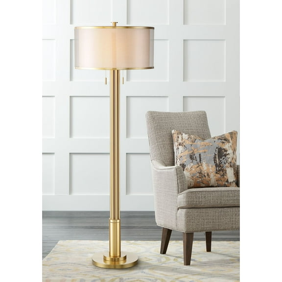 Possini Euro Design Granview Modern Floor Lamp 70 1/2" Tall Brass Metal Sheer Organza Outer Linen Inner Drum Shade for Living Room Bedroom Office Home