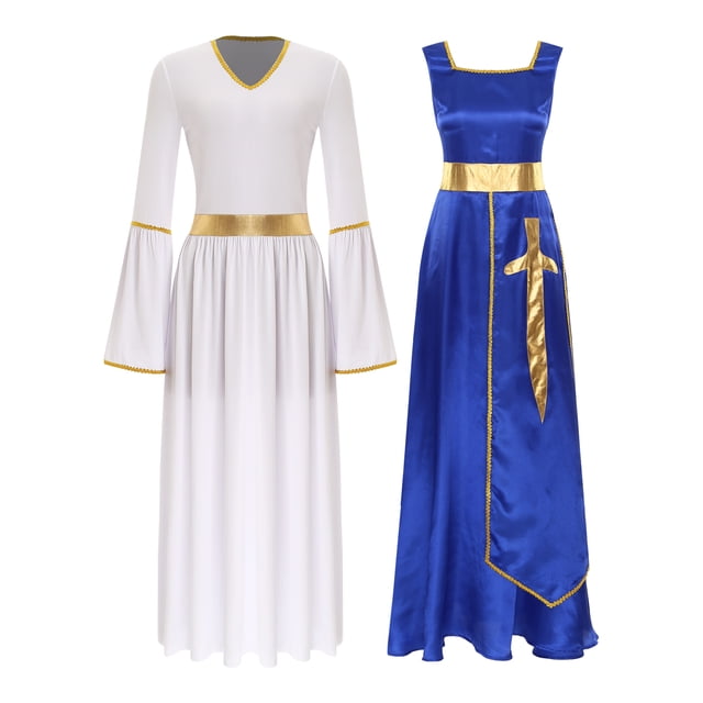 Raenseen Robes de Danse pour Femmes Tenues de Culte Col Carré Tunique avec Robes à Manches Longues Bleu&Blanc G