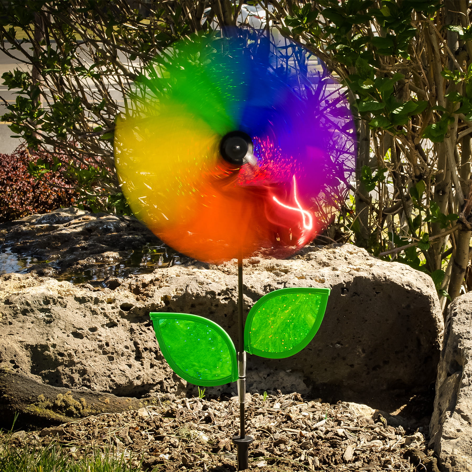 In the Breeze 2753 — Rainbow Sparkle Flower Spinner with Leaves, 12-inch —  Colorful Mylar Wind Spinner for Gardens and Yards 