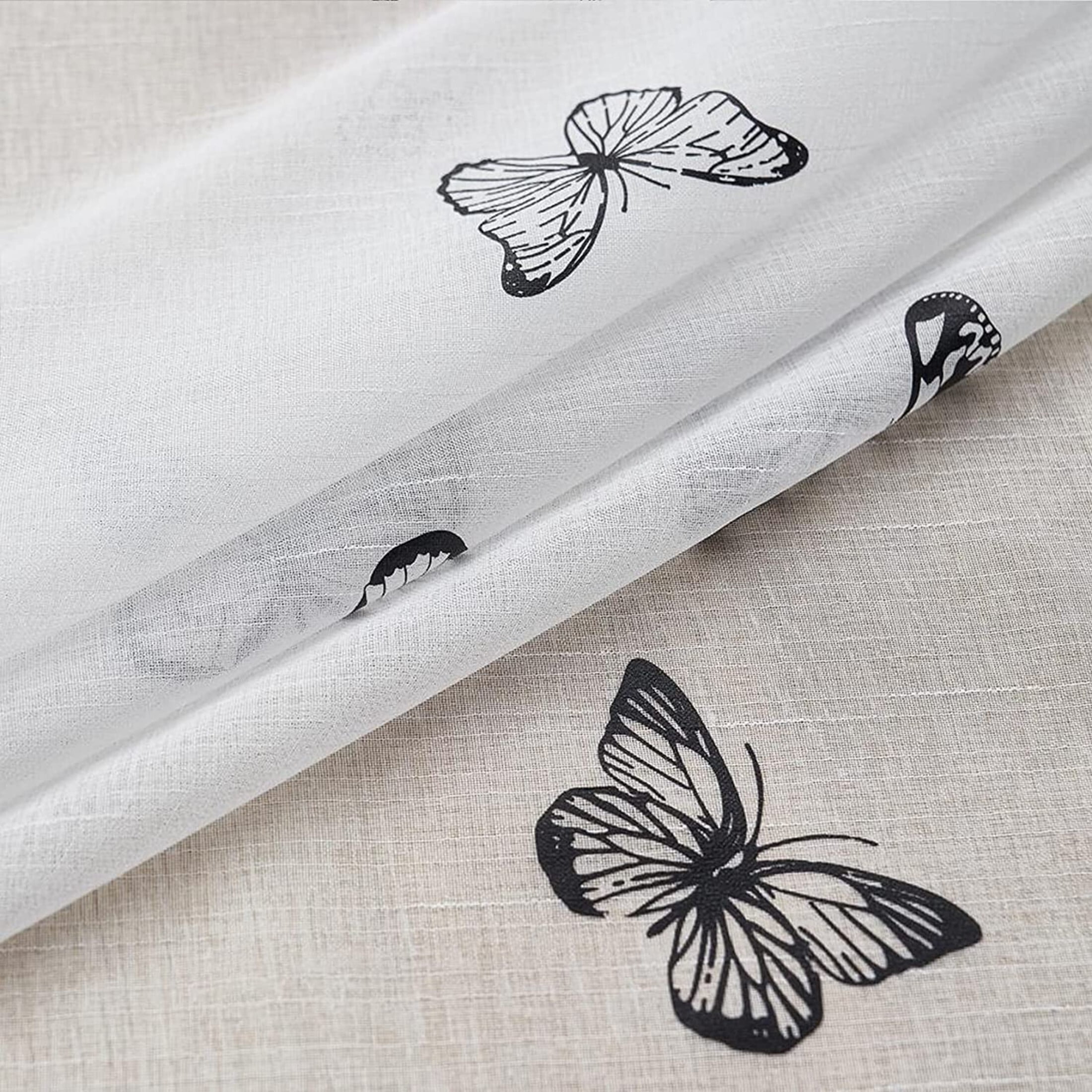 Flowpartex Spring White Sheer Curtain Panels Black Butterfly Pattern Drapes Light Filtering for Girls Kids Bedroom Living Room, Rod Pocket, 54"L×52"W 2 Panels