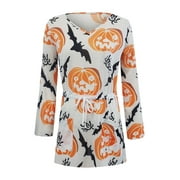 GirarYou Women Halloween Dress, Pumpkin Ghost Print V-Neck Long Sleeves Skirt