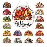16 Pcs Interchangeable Welcome Sign for Front Door, Wood Decor Set with Seasonal Icons for Year Round Holiday Display.