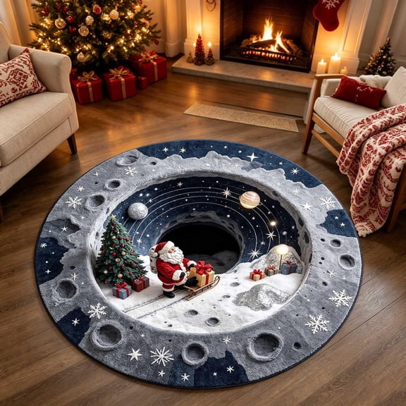 3D Optical Illusion Round Christmas Rug, Assorted Printed Pattern Floor Mat for Xmas Holiday Home Decoration >