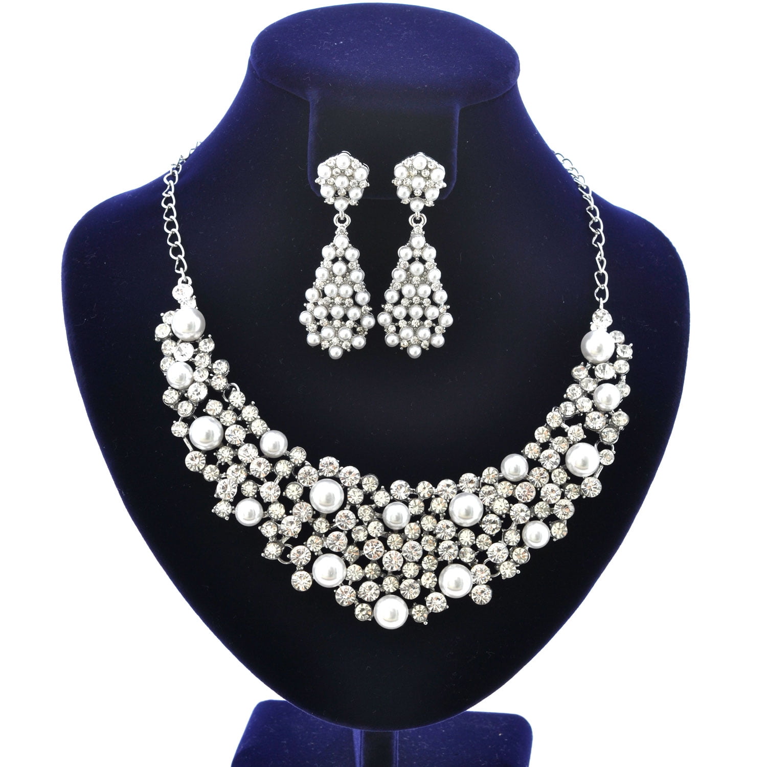 Fashion Jewelry Set Silver Plating Faux Pearl Bib Necklace Earrings Set