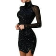 thumbnail image 4 of Women's Off-the-shoulder Sequined Lace Trim Slim Party Long Sleeve Ruffled Club Dress, 4 of 9