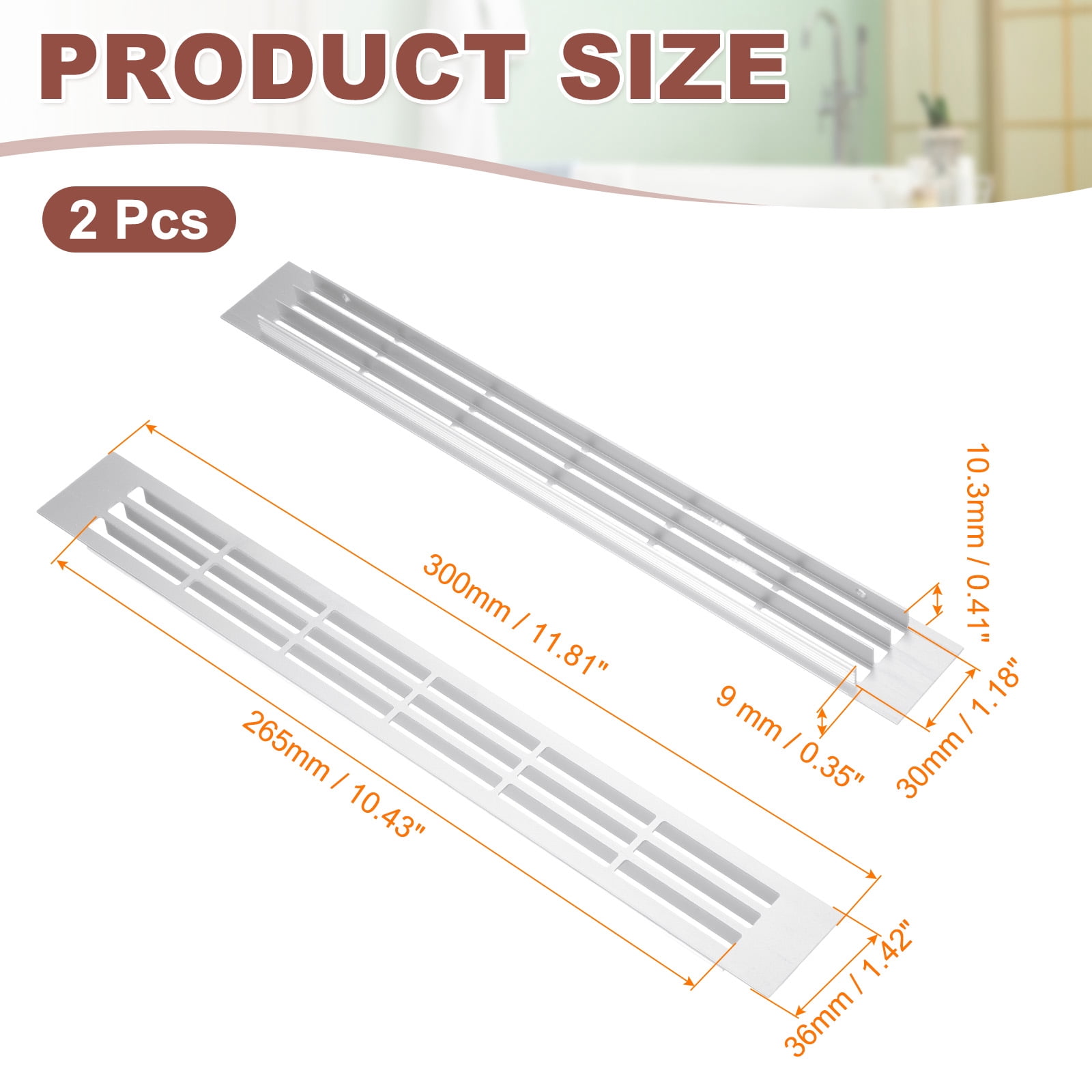 Uxcell 2 Pcs Door Air Vent Cover, 11.8"x1.4" Aluminum Rectangle Grille Ventilation Cover Toe Kick Vent Guard for Cabinet Wardrobe Ceiling Door Wall Floor Garage Furniture, Silver