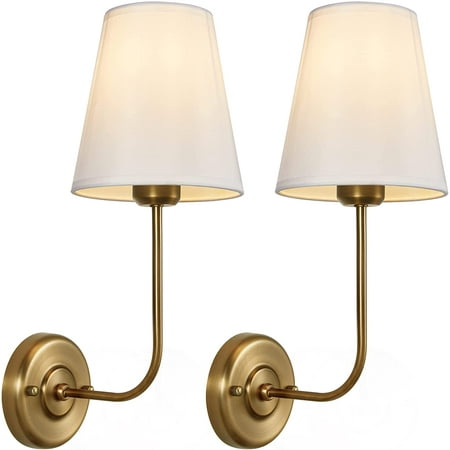 

Passica Decor Wall Sconces Set of Two Antique Brass Vintage Industrial Wall Lamp Light Fixture with Flared White Fabric Shade for Living Room Bedrooms Bedside Reading Fireplace Farmhouse