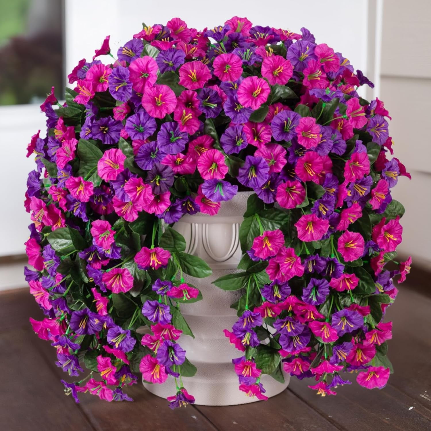 Artificial Hanging Flowers Plants for Outdoor Decor,2PCS Fake Plastic Flowers Faux Silk Morning Glory Trailing Vines UV Resistant Look Real for Indoor Outside Garden Porch Patio Wedding Farmhouse