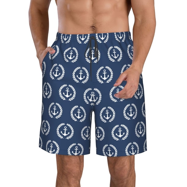 Balery Navy Nautical Traje de Baño Estilo Hawaiano para Hombre, Shorts de Secado Rápido con Bolsillos-Small