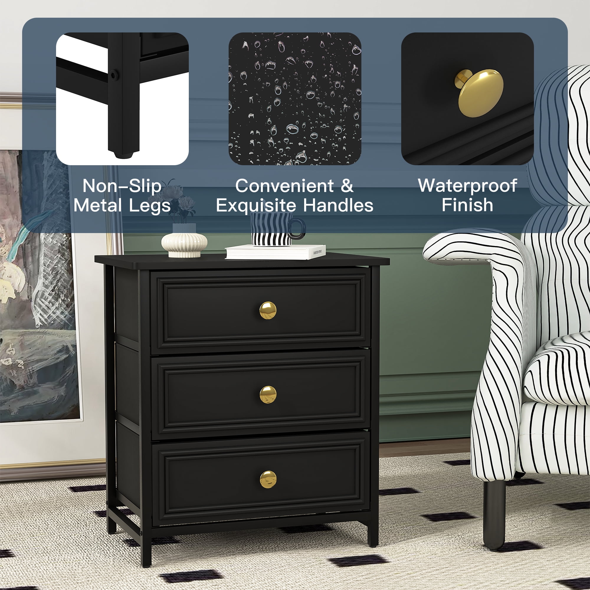 Demi Bonn Nightstand Set of 2, Bedside Table with 3 Decorated Drawers, Wood Accent Side End Table with Storage for Bedroom, Black