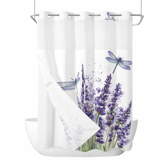 No Hook Shower Curtains with Snap-in Liner Set, Purple Lavender Waterproof Hotel Style Bathroom Shower Curtain, Pastoral Botanical Floral Dragonfly Breathable Mesh Top Window Bath Curtains 48''x72''