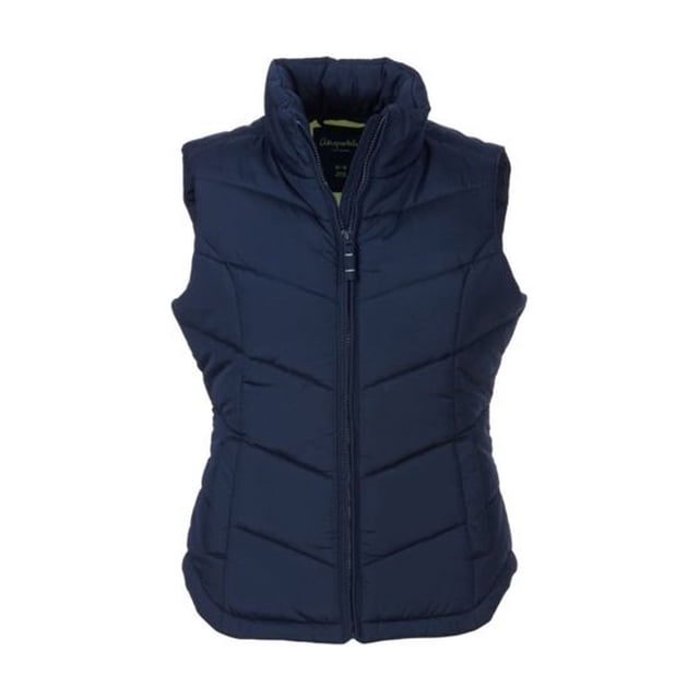 aeropostale - chaleco acolchado de nailon para mujer, azul, pequeño aeropostale chaleco acolchado Chaleco puffer azul marino, vista frontal centrada con cremallera completa cerrada, cuello alto acolchado, costuras en V, bolsillos delanteros para manos y forro interior neón visible; adecuado para uso informal y como capa ligera.