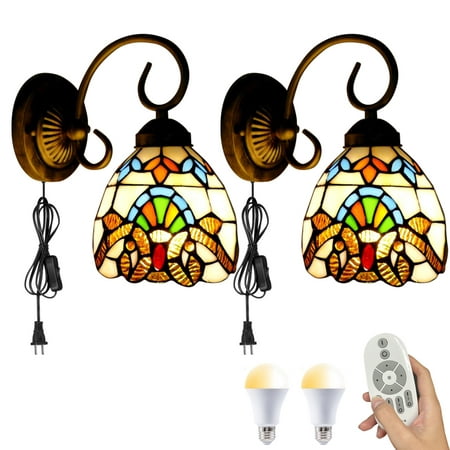 

Kiven Plug in Wall Lamp Tiffany Style Dimmable Wall Sconce with Remote Control and Glass Shade Color Changing 5.9ft Plug-in Cord E26 Socket(Set of 2)