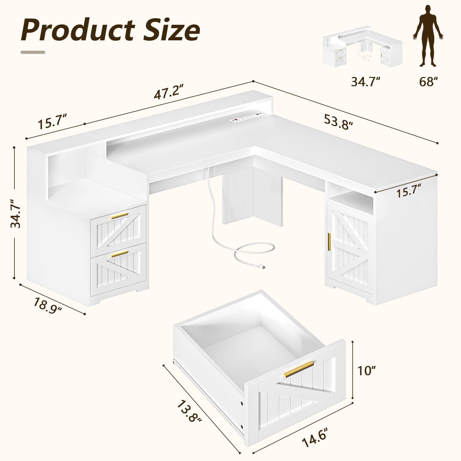 63" Farmhouse L Shaped Executive Desk with Drawers & Storage Shelf, Corner Computer Desk with Power Outlets, L Shaped Office Desk with Monitor Stand, Printer Shelf, White