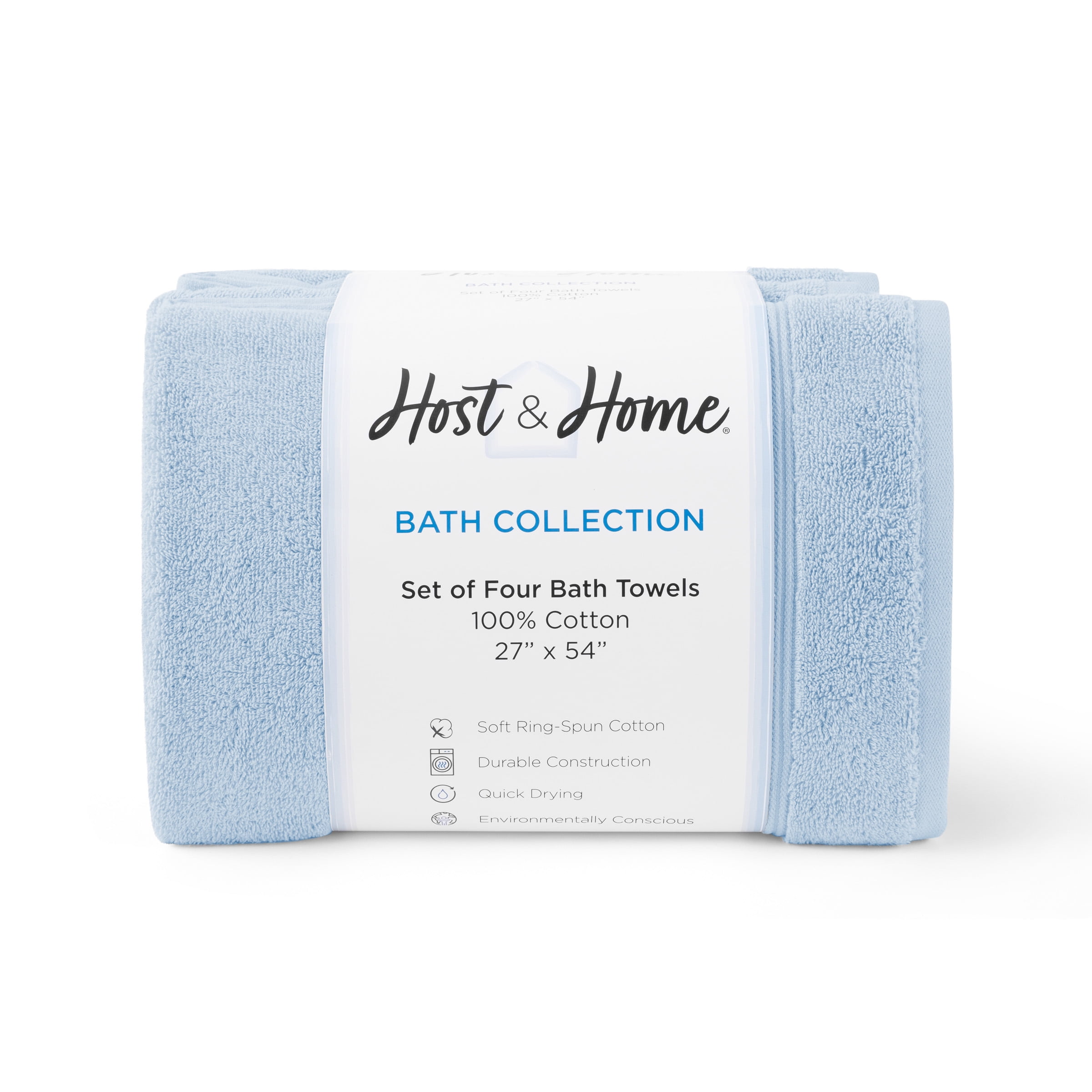 Host & Home Cotton Bath Towels (4 Pack) - 27x54 in., Soft & Absorbent - Misty Blue