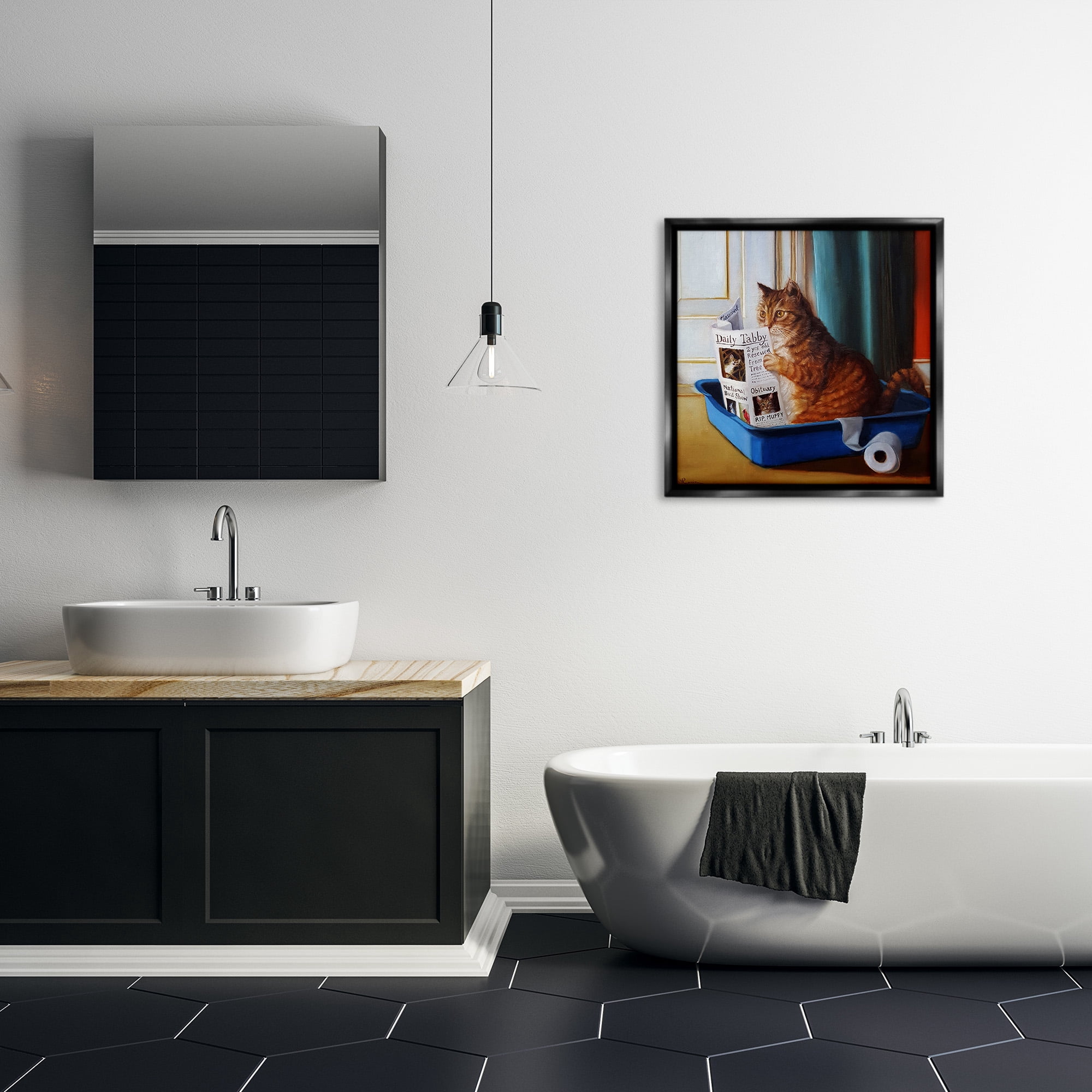 Stupell Industries Litter Box Reading Funny Cat Animals & Insects Painting Black Floater Framed Canvas Art Print Wall Art, 25 x 25