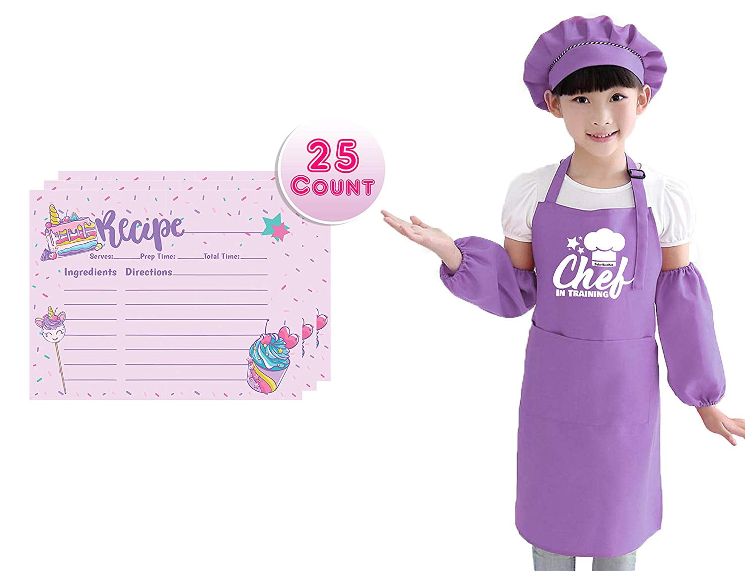 Children's Apron Set for Boys and Girls with Unicorn Rainbow Recipe Cards Set, Adjustable Kitchen Aprons with Matching Chef Hat and Sleeves for Kids, Chef in Training Costume Pretend Play (Purple)