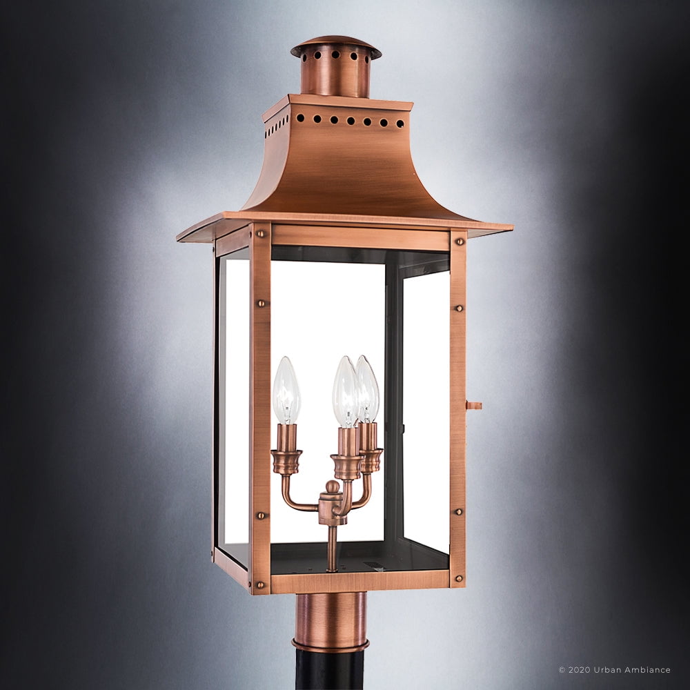 Luxury Antique Outdoor Post Light, 26.00''H x 12.00''W, with French Country Style Elements, Old World Design, Rustic Copper Finish and Clear Glass, UQL1410