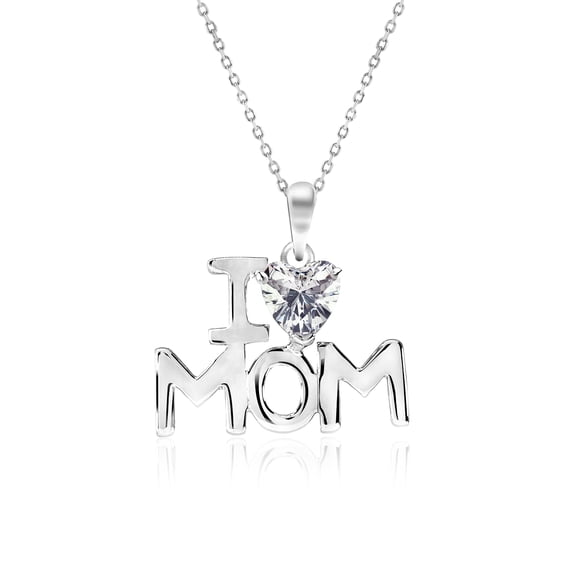JeenMata I Love Mom Heart Shaped White Stone Pendant Necklace with 18K White Gold over Silver - April Birthstone - Mother's Day Jewelry Gift