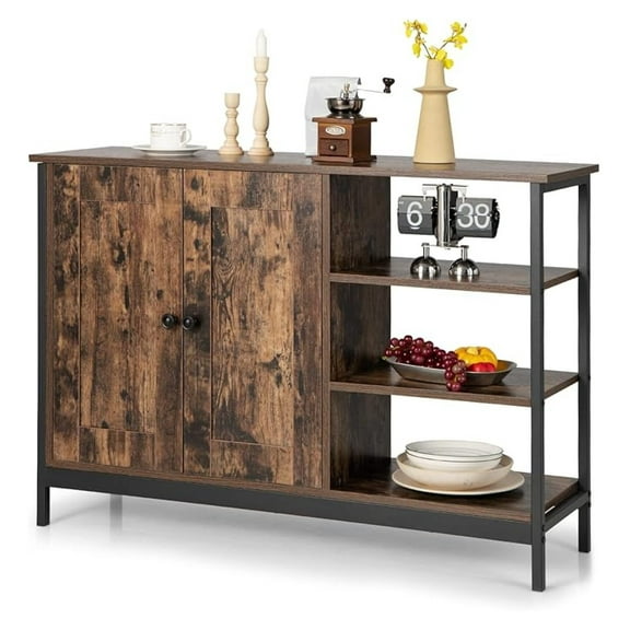 Industrial Kitchen Storage Cabinet w/Open Shelves, 2-Door Cupboard, Adjustable Shelf, Wooden Buffet Sideboard, Farmhouse Floor Bar Cabinet for Living Room, Entryway (Rustic Brown)