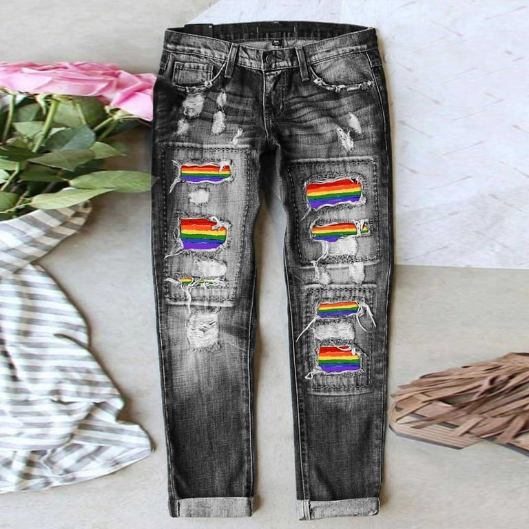 CHUOU Jeans for Women Causal Tummy Control Ripped Boyfriend Jeans Distressed Stretch Rainbow Print Patches Womens Straight Leg Jeans