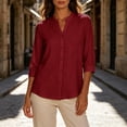 thumbnail image 6 of Perfectbot Women's Collarless Button Down Shirt, 3/4 Sleeve Cotton Linen Tunic Blouse with Curved Hem, 6 of 8