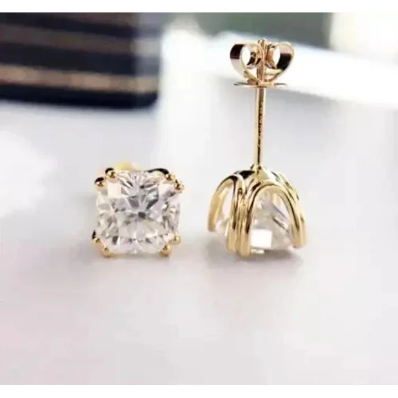 2Ct Cushion Lab-Created Diamond Solitaire Stud Earrings 14K Yellow Gold Plated
