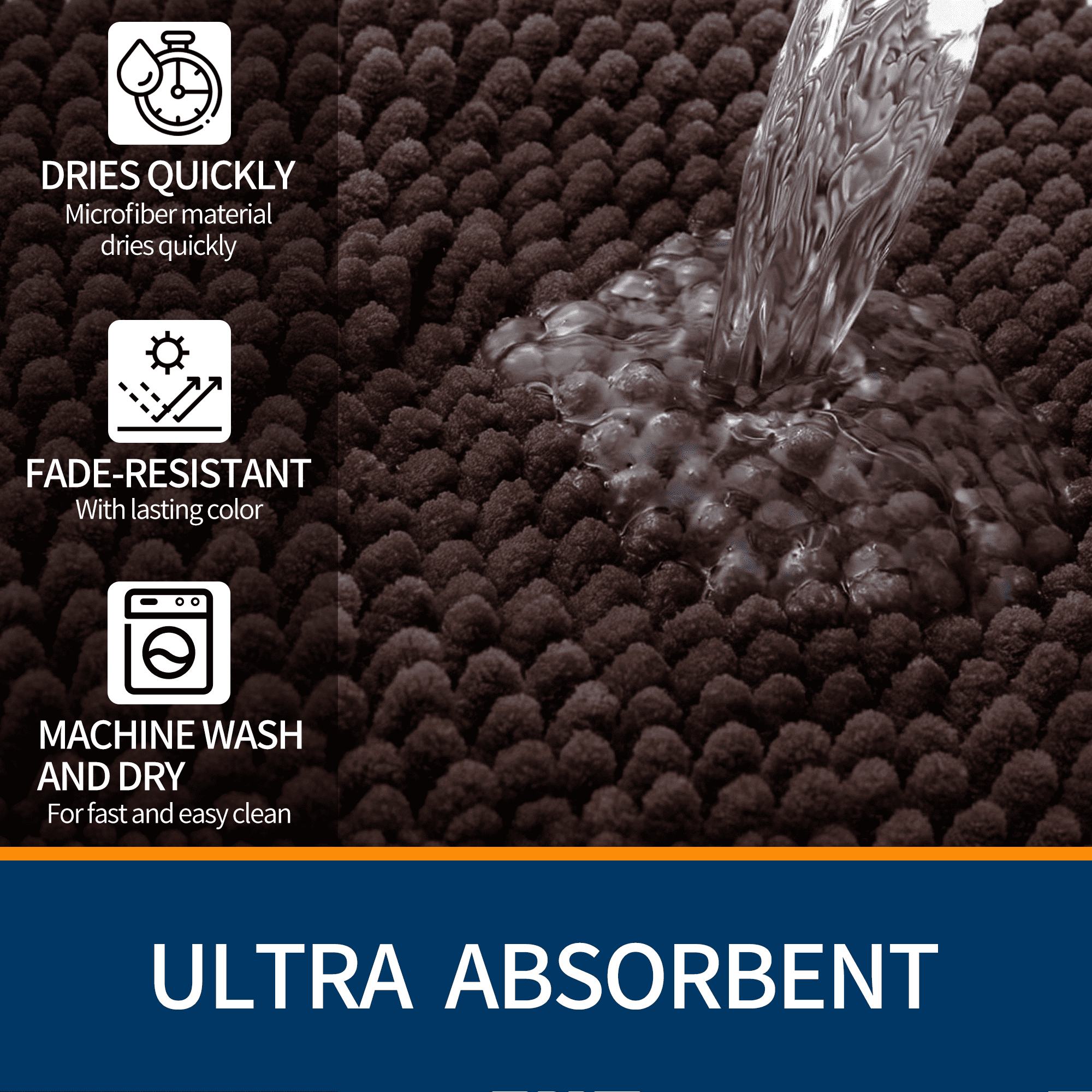 Wozola Chenille Bathroom Rug, Coffee Ultra Soft Absorbent Bath Mat, Non-Slip Machine Washable Shower Floor Rug for Bathroom, Tub & Entryway, 24"x47"