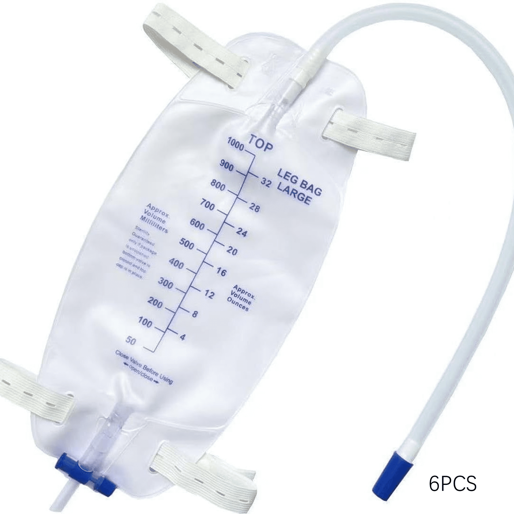 XIRQI 6 Pack 1000Ml Catheter Leg Bags,Urinary Drainage Bag for Men and Women with Anti-Reflux Valve 18" Tubing and Adjustable Cloth Straps,Easy Flip Drain Individually Packed