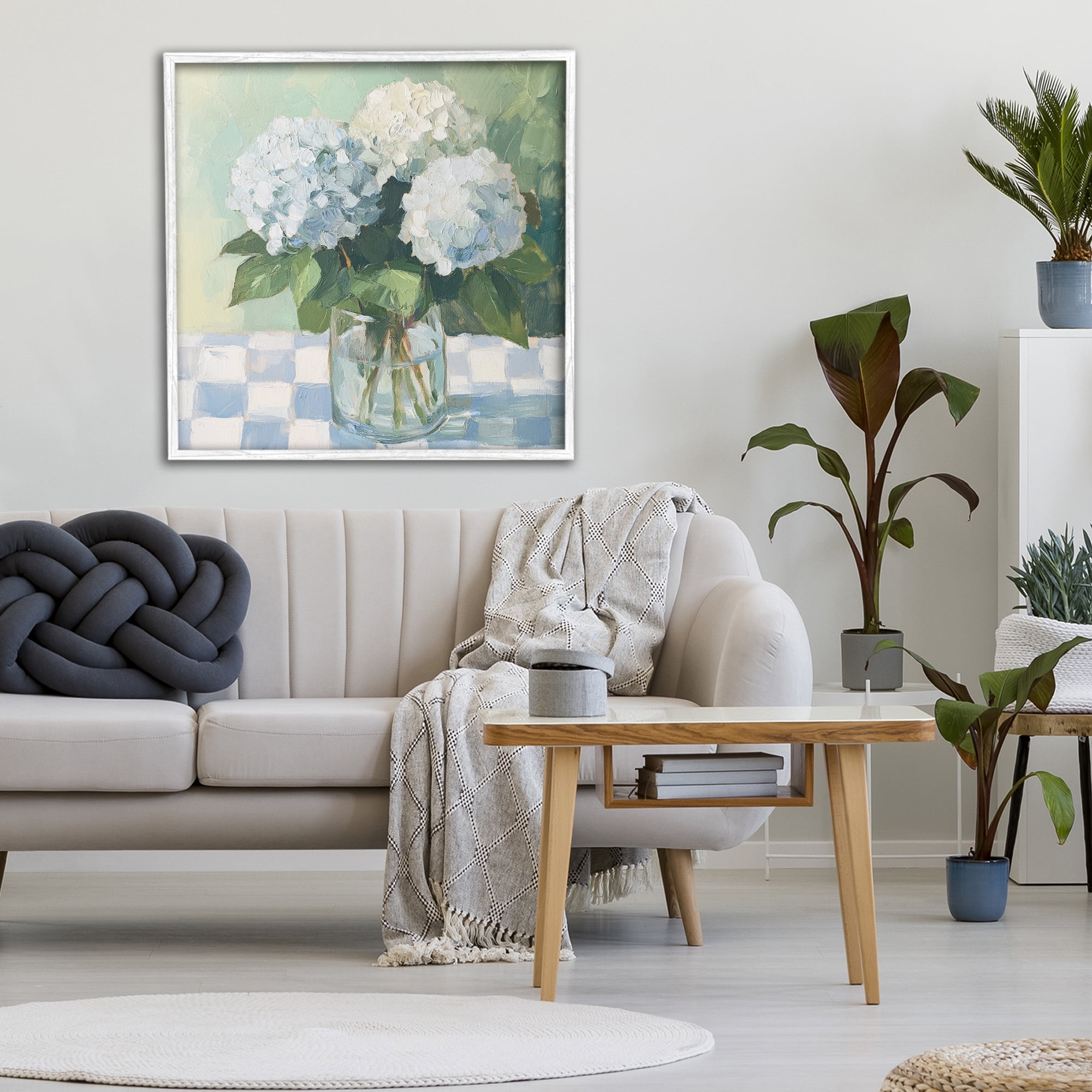 Stupell Industries Hydrangea Picnic on Checkered White Framed Giclee Art, design by Petal Prints Design