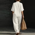thumbnail image 4 of Domzest Two Piece Linen Sets for Women Short Sleeve V Neck Tunic Top Matching Wide Leg Pants Casual Loose Outfits With Side Pockets White S, 4 of 6
