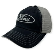 Ford Men's Official Licensed Embroidered Logo Vintage Wash Mesh Trucker Hat Cap (Black/Grey)