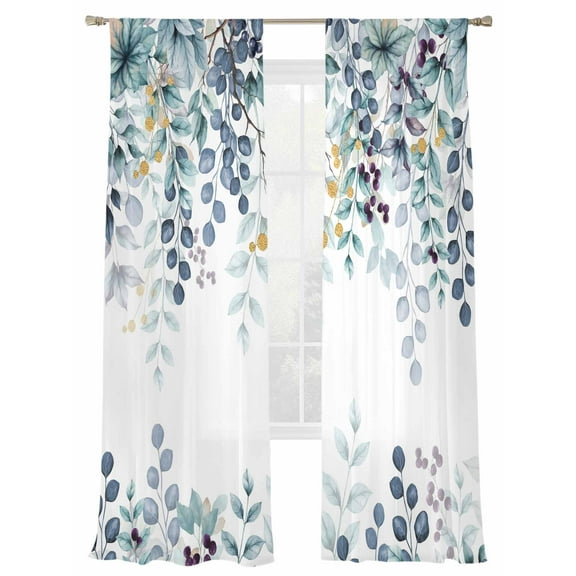 Eucalyptus Leaf Sheer Curtains 84 Inch Long 2 Panels, Blue Green Leaves Branch Abstract Art Light Filtering Rod Pocket Semi Sheer Curtains, Sheer Voile Drapes for Living Room Bedroom, 52"x84"