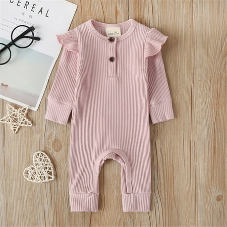 

Mialoley Baby Romper Solid Color Long Ruffle Sleeve Round Neck Ribbed Jumpsuit